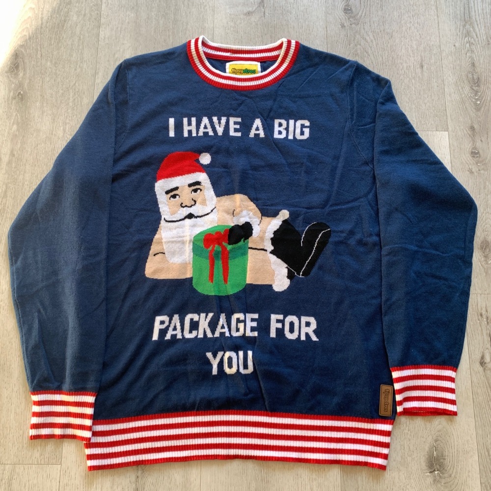 Tipsy Elves "I Have a Big Package For You" men's‎ blue acrylic Christmas sweater
